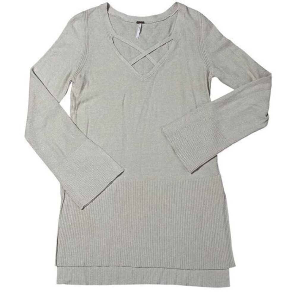 Free People Womens M‎ Ivory Tunic Sweater Criss-Cross V Neck Hi Low Knit Ribbed